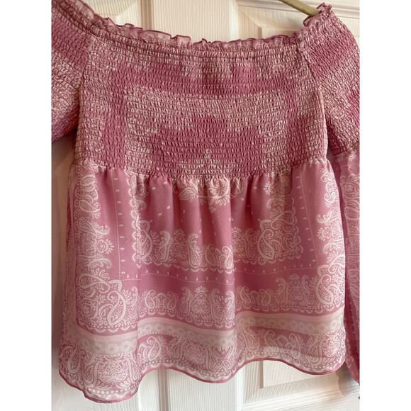 INTERMIX Silk Penelope Paisley Off-The-Shoulder smocked long sleeve Top small - Picture 8 of 13